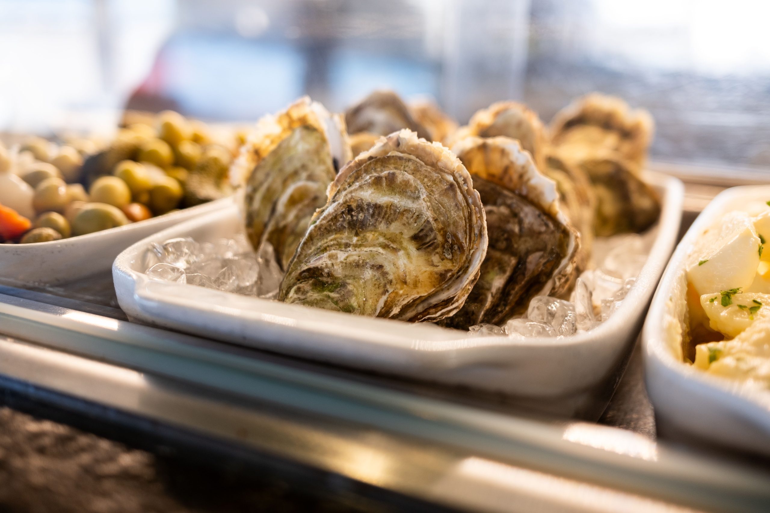 Plate of fresh oysters on ice with olives and potato salad, perfect for seafood lovers.